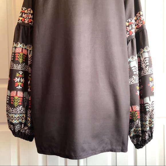 Misslook Gray Boho Print Long Sleeve Oversized Peasant Blouse - Picture 13 of 13